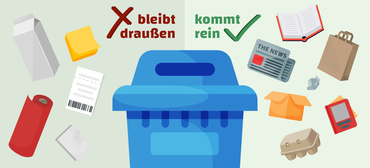 Diese Infografik zeigt was in die Altpapier-Tonne kommt und was nicht. Alte Zeitungen, Paketverpackung oder Papiertüten können rein, nicht so Kassenzettel, Post-its oder Küchenrollen.