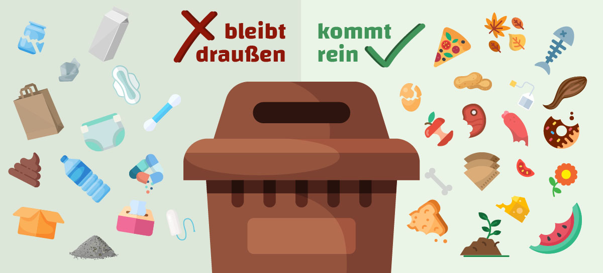 Diese Infografik zeigt was in die Biotonne kommt und was nicht. Lebensmittelreste dürfen in die Biotonne, Gegenstände wie Hygieneartikel, Glas oder Textilien nicht.