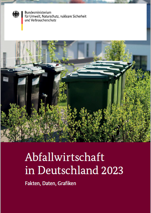 Broschürencover mit einen Bild von Mülltonnen sowie dem Titel "Abfallwirtschaft in Deutschland 2023. Fakten, Daten, Grafiken"