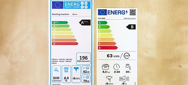 Das alte EU-Energielabel, links, und das neue Energielabel, rechts, mit einem QR-Code