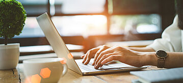 Geööfneter Laptop auf einem Schreibtisch mit grüner Pflanze und Händen, die tippen