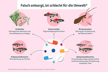 Illustration, wie fünf beispielhafte Medikamente negativ auf Tiere wirken können. Falsch entsorgt, ist schlecht für die Umwelt (es folgt eine beispielhafte Auswahl von Medikamenten, die besonders häufig in der Umwelt vorkommen): 1. Antibiotika (verlangsamtes Wachstum von Umweltbakterien und Algen), 2. Schmerzmittel (Organschädigung bei Fischen), 3. Blutdrucksenker (Störung der Fortpflanzung bei Wasserinsekten), 4. Diabetesmedikamente (Verweiblichung von Fischen), 5. Epilepsiemedikamente (Entwicklungsverzögerung bei Fischen und Einschränkung der Fortpflanzung wirbelloser Tiere). Weitere Informationen siehe Bildunterschrift