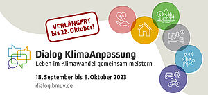 Logo Dialog KlimaAnpassung - Leben im Klimawandel gemeinsam meistern. 18. September bis 8. Oktober 2023 unter dialog.bmuv.de