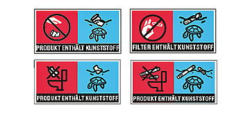 Warnhinweise Wegwerfplastik. Weitere Informationen siehe Bildunterschrift