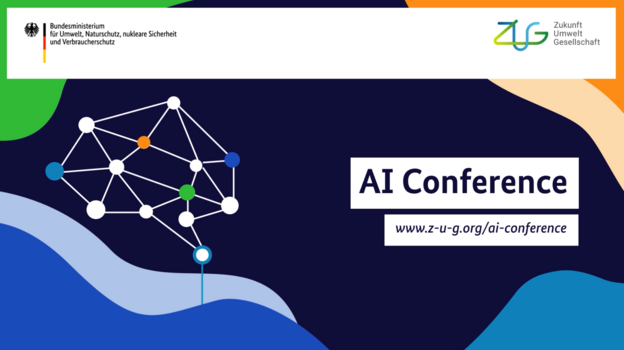 AI Conference des BMUV Banner für AI-Konferenz: Logos BMUV und ZUG und Illustration eines Netzwerks: www.z-u-g.org/ai-conference