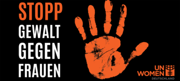 Orangene Hand mit Text "Stopp Gewalt an Frauen"