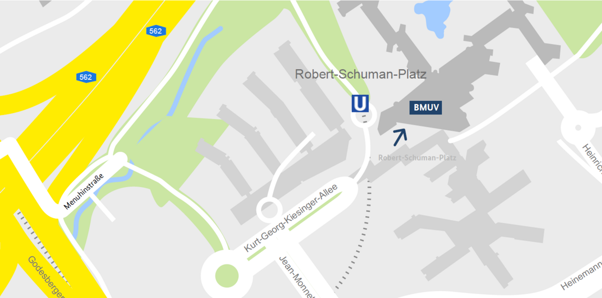 Die Grafik zeigt den Standort des Dienssitzes des Bundesumweltministeriums in Bonn. Das BMUV liegt direkt am Robert-Schuman-Platz, neben der U-Bahn-Haltestelle.