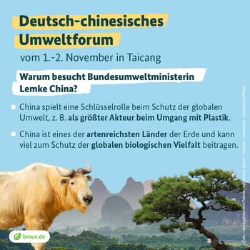 Deutsch-chinesisches Umweltforum vom 1 bis 2. November in Taicang    Warum besucht Bundesumweltministerin Lemke China?    China spielt eine Schlüsselrolle beim Schutz der globalen Umwelt, z. B. als größter Akteur beim Umgang mit Plastik.  China ist eines der artenreichsten Länder der Erde und kann viel zum Schutz der globalen biologischen Vielfalt beitragen.