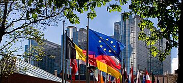 Flaggen europäischer Länder und Regionen vor einem Glasgebäude